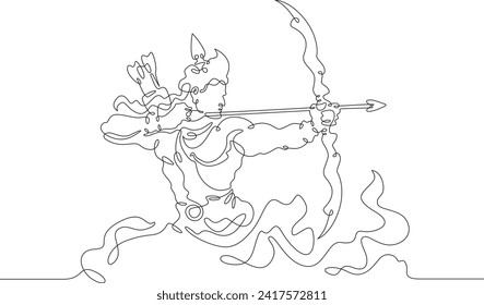 Lord Rama with arrow and bow. Celebrations of Sri Rama Navami. Mystic Archer.India.One continuous line drawing. Linear. Hand drawn, white background. One line