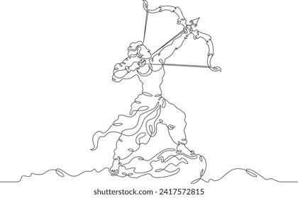 Lord Rama with arrow and bow. Celebrations of Sri Rama Navami. Mystic Archer.India.One continuous line drawing. Linear. Hand drawn, white background. One line