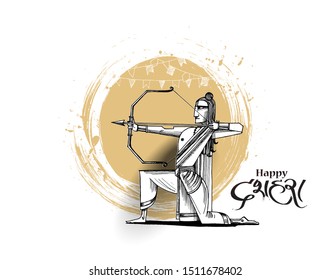 Lord Rama with arrow killing Ravana in Navratri festival of India poster with hindi text Dussehra, Hand Drawn Sketch Vector illustration.