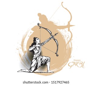 Lord Rama with arrow killing Ravana in Navratri festival of India poster with hindi text Dussehra, Vector illustration.
