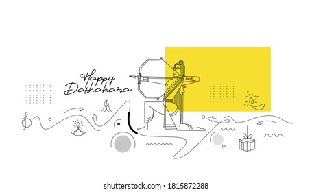 Lord Rama with arrow killing Ravana in Navratri festival of India poster with hindi text Dussehra, Line art Vector illustration.