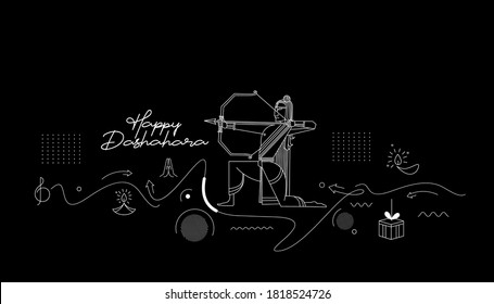Lord Rama with arrow killing Ravana in Navratri festival of India poster with hindi text Dussehra, Line art Vector illustration.