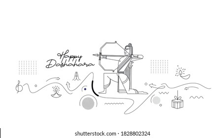 Lord Rama with Arrow killing Ravana in Happy Dussehra festival of India poster, Line art Vector illustration.