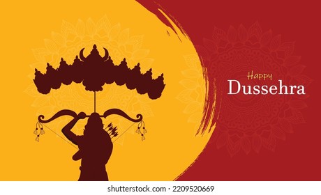 Lord Rama with arrow killing Ravana in Navratri festival of India poster with hindi text meaning Dussehra