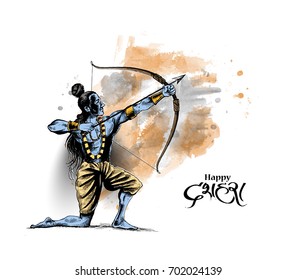 Lord Rama with arrow killing Ravana in Navratri festival of India poster with hindi text Dussehra, Hand Drawn Sketch Vector illustration.
