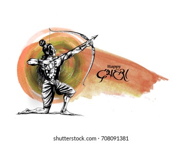 Lord Rama with arrow killing Ravana in Navratri festival of India poster with hindi text Dussehra, Hand Drawn Sketch Vector illustration.