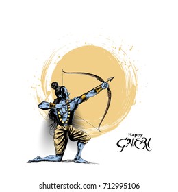 Lord Rama with arrow killing Ravana in Navratri festival of India poster with hindi text Dussehra, Hand Drawn Sketch Vector illustration.