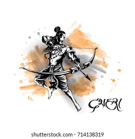 Lord Rama with arrow killing Ravana in Navratri festival of India poster with hindi text Dussehra, Hand Drawn Sketch Vector illustration.