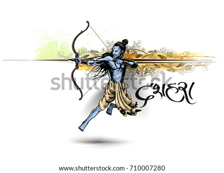 Lord Rama with arrow killing Ravana in Navratri festival of India poster with hindi text Dussehra, Hand Drawn Sketch Vector illustration.