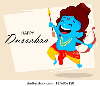 Lord Rama with bow and arrow. Funny cartoon character for Navratri festival of India. Vector illustration. 