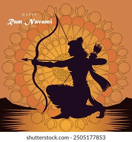 Lord Rama with bow and arrow on an orange background. Vector illustration.