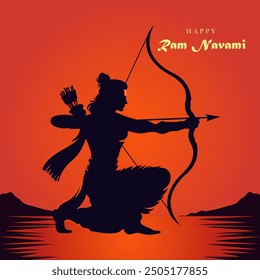 Lord Rama with bow and arrow on an orange background. Vector illustration.