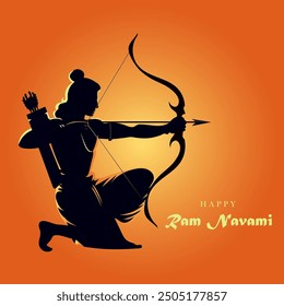 Lord Rama with bow and arrow on an orange background. Vector illustration.