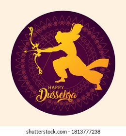 lord Rama with bow and arrow, poster with text happy Dussehra vector illustration design