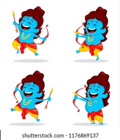 Lord Rama with bow and arrow, set of four poses. Funny cartoon character for Navratri festival of India. Vector illustration. 