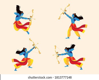 Lord Rama with bow and arrow, set of four poses vector illustration design