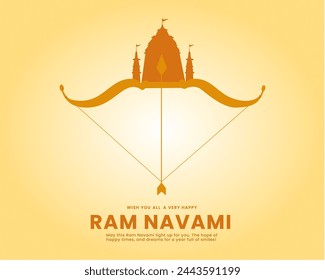 Lord Rama bow arrow and temple background for Indian festival Ram Navmi celebration vector illustration