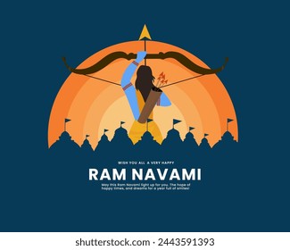 Lord Rama with bow arrow and temple background for Indian festival Ram Navmi.
