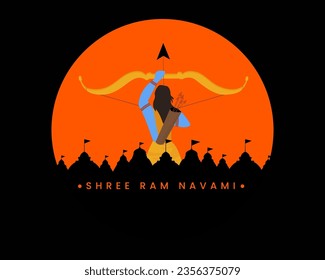 Lord Rama with bow arrow with text meaning Shree Ram Navami celebration for religious holiday of India