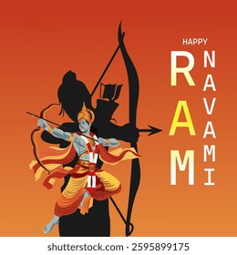 Lord Rama with Bow and Arrow  Vibrant Ram Navami Festival Illustration Featuring Silhouette Bold Typography and Warm Orange Background Symbolizing Devotion and Strength