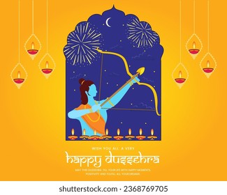 Lord Rama with bow and killing Ravana in Dusshera Celebration Greeting card of Vijayadashami.