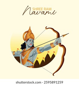 Lord Rama with Bow  Shree Ram Navami Festival Artwork Featuring Devotional Hindu Theme Mythological Symbolism and Spiritual Elegance with Temples and Sacred Flags in the Background