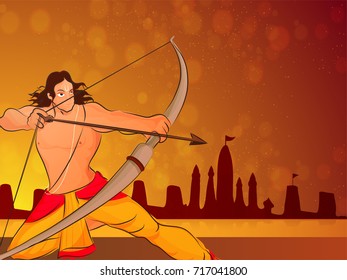 Lord Rama Character on temple silhouetted background for Dussehra festival.