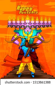 Lord Rama with demon Ravana in Happy Dussehra Navratri celebration India holiday background. Vector illustration