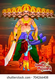 Lord Rama with demon Ravana in Happy Dussehra Navratri celebration India holiday background. Vector illustration