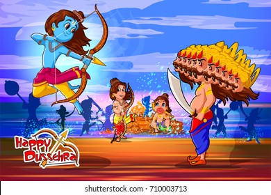 Lord Rama with demon Ravana in Happy Dussehra Navratri celebration India holiday background. Vector illustration