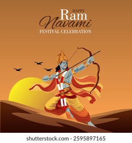 Lord Rama Drawing Bow and Arrow Against Sunset  Ram Navami Festival Celebration Hindu Mythology Art Depicting Strength Courage and Devotion in a Spiritual Landscape