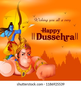 Lord Rama flying on Hanuman in Happy Dussehra Navratri celebration India holiday background. Vector illustration