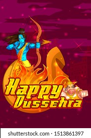 Lord Rama flying on Hanuman in Happy Dussehra Navratri celebration India holiday background. Vector illustration