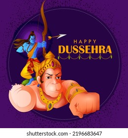 Lord Rama flying on Hanuman in Happy Dussehra Navratri celebration India holiday background. Vector illustration