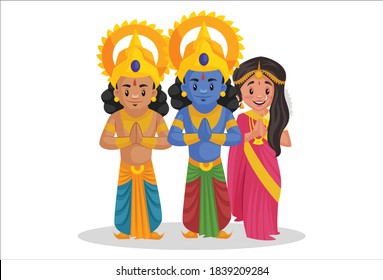 Lord Rama Goddess Sita and Lakshman are doing greet. Vector graphic illustration. Individually on a white background.