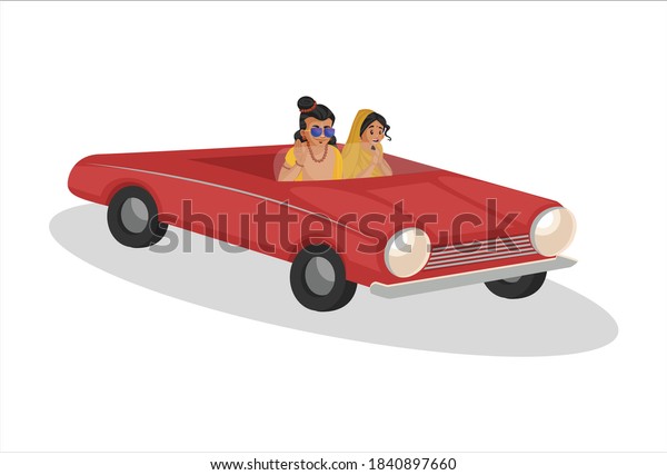Lord Rama and goddess Sita is sitting in a\
car and giving blessings. Vector graphic illustration. Individually\
on a white background.