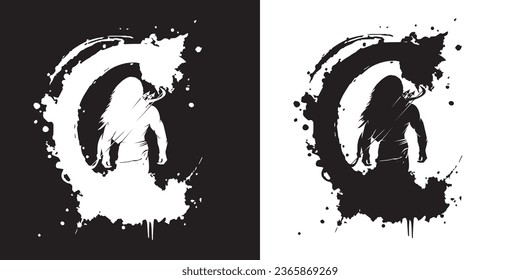 Lord rama with grunge ink splash background silhouette graphic design,