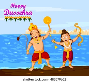 Lord Rama and Hanuman wishing Happy Dussehra in vector