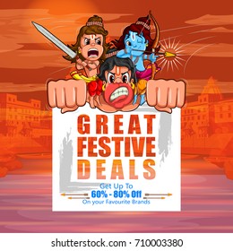 Lord Rama in Happy Dussehra Navratri celebration India holiday advertisement sale promotion offer background. Vector illustration
