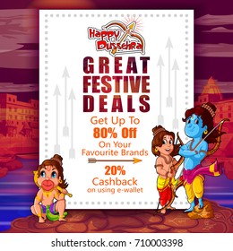 Lord Rama in Happy Dussehra Navratri celebration India holiday advertisement sale promotion offer background. Vector illustration