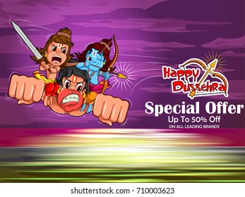 Lord Rama in Happy Dussehra Navratri celebration India holiday advertisement sale promotion offer background. Vector illustration