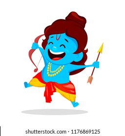 Lord Rama holding bow and arrow. Funny cartoon character for Navratri festival of India. Vector illustration on white background for traditional festival