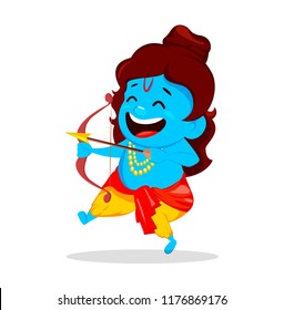 Lord Rama holding bow and arrow. Funny cartoon character for Navratri festival of India. Vector illustration on white background