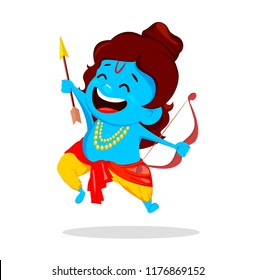 Lord Rama jumping with bow and arrow. Funny cartoon character for Navratri festival of India. Vector illustration on white background