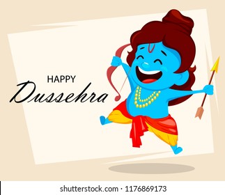 Lord Rama jumping with bow and arrow. Funny cartoon character for Navratri festival of India. Vector illustration for greeting card, poster or invitation.