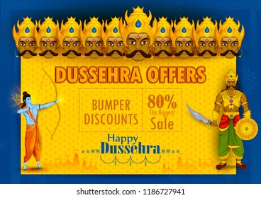 Lord Rama killing Ravana during Dussehra festival of India in vector sale promotion advertisement background