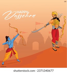 Lord rama killing ravana with ten heads in happy dussehra celebration background
