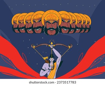 Lord rama killing ravana with ten heads in happy dussehra celebration background.