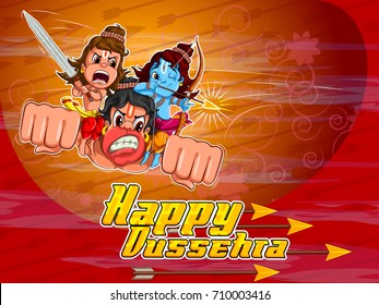 Lord Rama and Laxmana flying on Hanuman in Happy Dussehra Navratri celebration India holiday background. Vector illustration