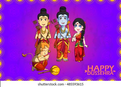 Lord Rama, Laxmana, Sita with Hanuman in vector for Happy Dussehra background